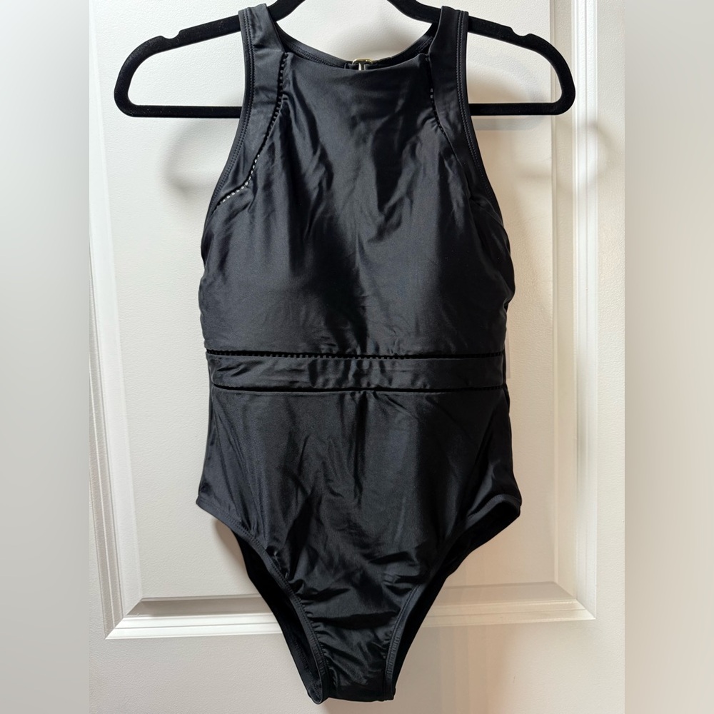 Shade & Shore Black Halter One Piece Swimsuit with High-Cut Legs
